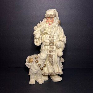 Vintage Resin Beige & Gold Santa Claus & Polar Bear w/ Toys Christmas Figure 9"